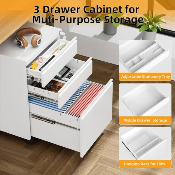 3 Drawer Filing Cabinet with Lock, White Mobile File Cabinet with Wheels, Rolling Small Metal Cabinets Under Desk - Image 4