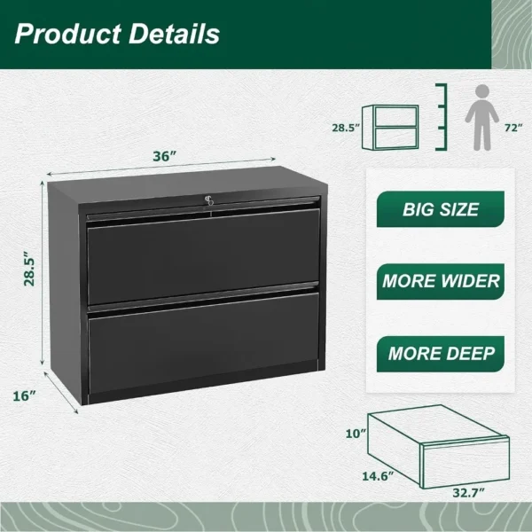 Metal Lateral File Cabinet with Lock, 2 Drawer File Cabinet, Black Filing Cabinet with Lock, File Cabinet for Home Office/Letter - Image 3