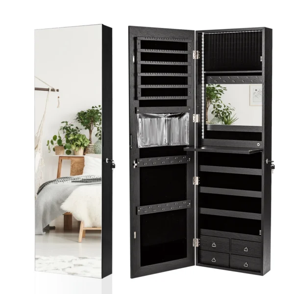 Mirror Jewelry Cabinet 96 LED Lights Wall Door Mounted Armoire w/ Makeup Rack