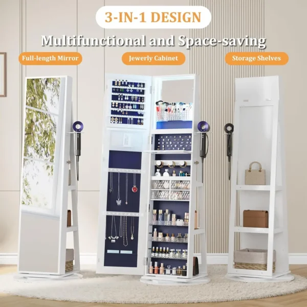 Length Mirror Jewelry Cabinet with Lights, 63" H Jewelry Armoire Storage with Mirror and Storage Shelf, White - Image 3