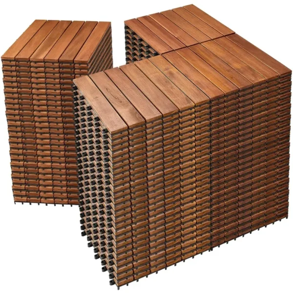 Acacia Wood Interlocking Deck Tiles - 12" x 12" Waterproof Indoor Outdoor Patio Flooring Decking Tiles, All Weather Use