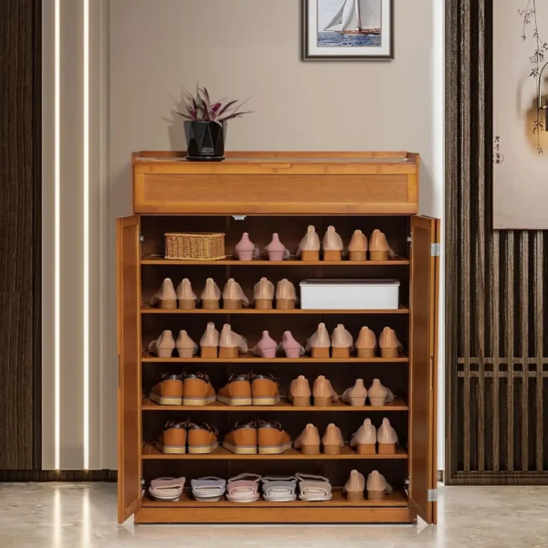 Collection 35" 7-Tiers Bamboo Shoe Cabinet Bifold Opening Doors Shoe Rack for 30 Pairs Shoes, Freestanding Shoe Storage w/Top - Image 3
