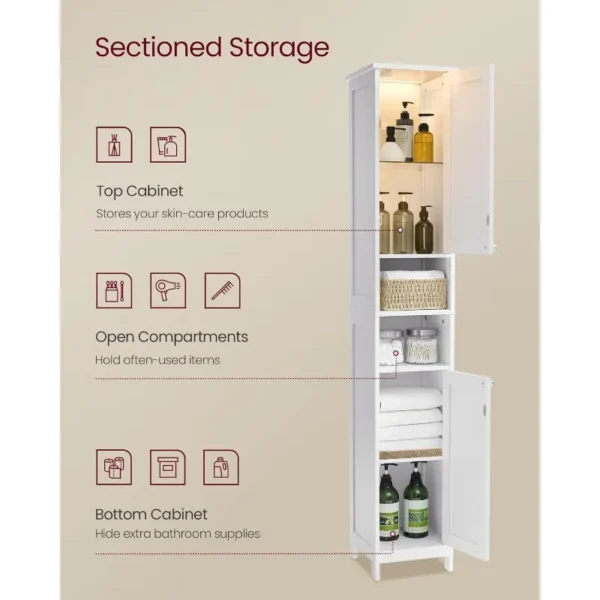 Tall Bathroom Cabinet with Lights, Slim Bathroom Storage Cabinet, Freestanding Narrow Cabinet with Adjustable Shelves, - Image 5