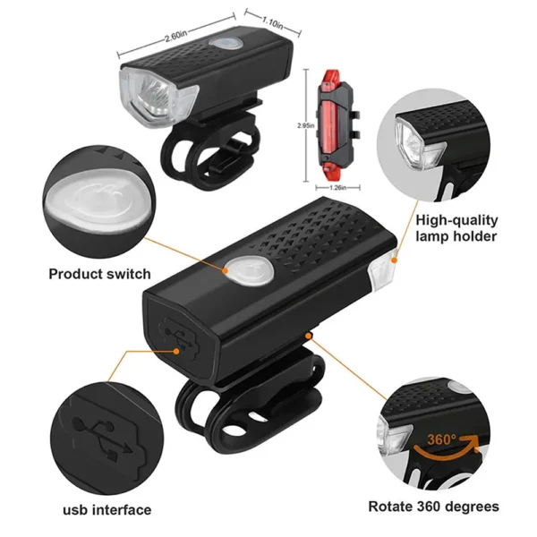 2218 Bike Light Set USB Rechargeable Front Light with Taillight Easy to Install 3 Modes Bicycle Accessories for the Bicycle - Image 3