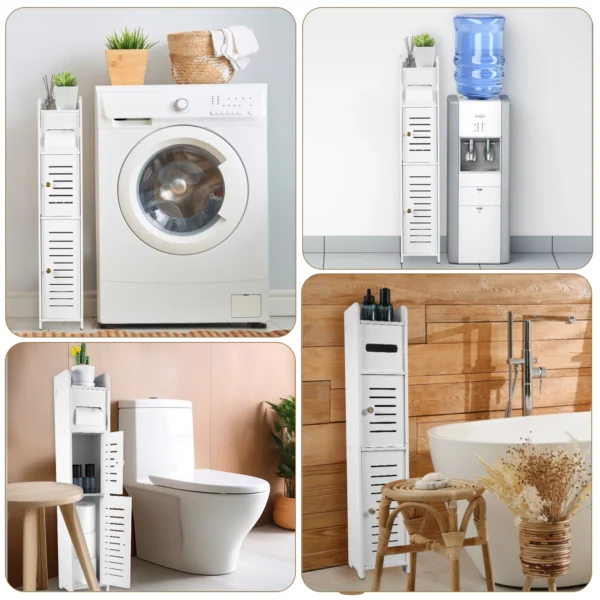 Bathroom Storage Cabinet 3 Tier Floor Cabinet Organizer with Door Free-Standing Toilet Roll Holder Narrow Toilet Storage Cabinet - Image 5