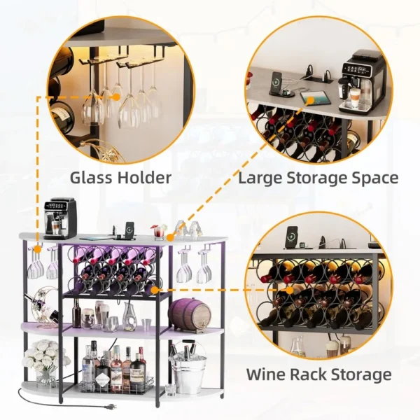 Wine Bar Cabinet with LED Lights and Power Outlets, Freestanding Coffee Liquor Bar Cabinet with Glass Holder - Image 5