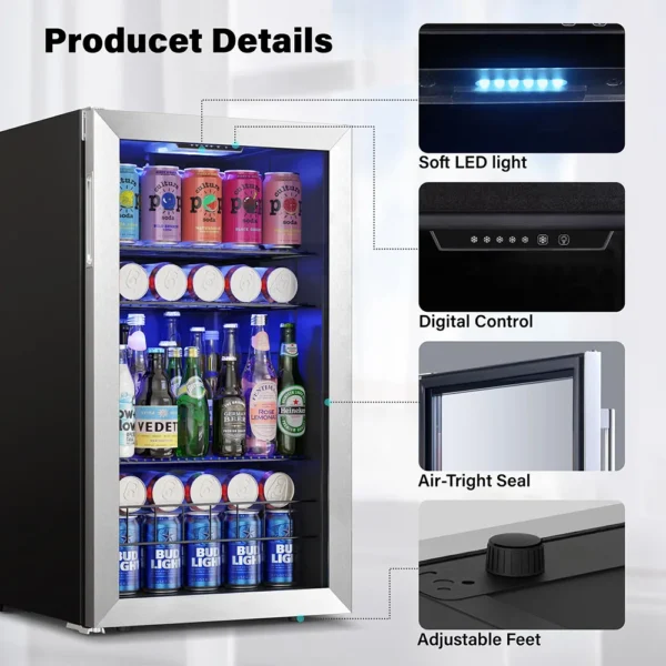 Yeego 3.35 Cu.Ft Beverage Refrigerator - 140 Cans Mini Fridge with Glass Door Perfect for Soda Water and Wine at Home or Office - Image 3