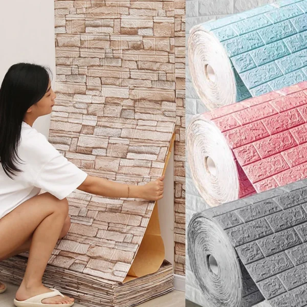 70cm*1m DIY Decoration Bedroom Oil-proof Adhesive Wall Wallpaper Waterproof Living Room Decoration Anti-fouling 3D Brick Pattern