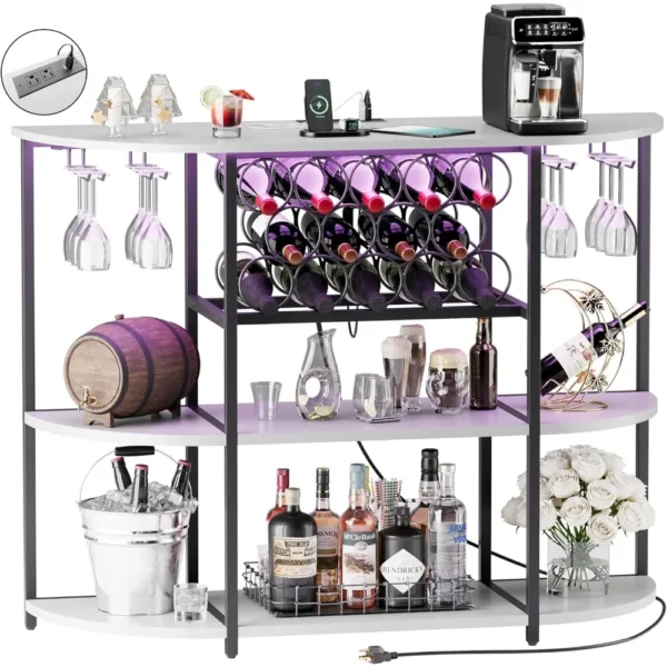 Wine Bar Cabinet with LED Lights and Power Outlets, Freestanding Coffee Liquor Bar Cabinet with Glass Holder - Image 3