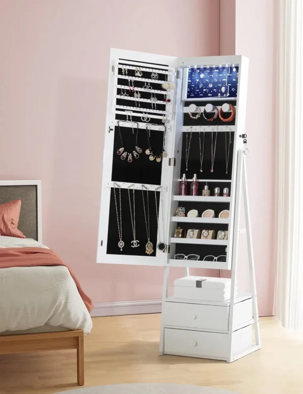 Armoire with 2 Drawers, Lockable Standing Jewelry Mirror Cabinet, Full Length Mirror with Jewelry Storage, White - Image 3