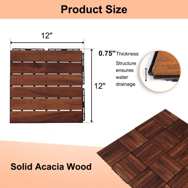 Acacia Wood Interlocking Deck Tiles Striped Pattern, 20 PCS 12" x 12" Square Acacia Hardwood Outdoor Flooring for Patio