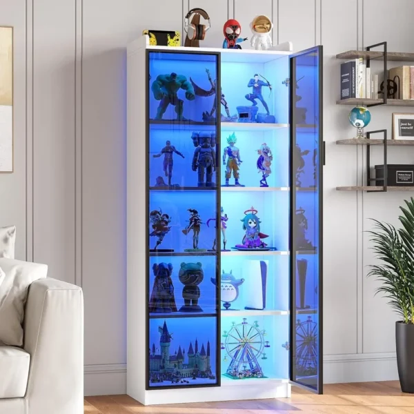 65 Inch High Display Cabinet with Doors and Adjustable Shelves, 5-layer Display Cabinet with Metal Handle/LED Light/human Sensor
