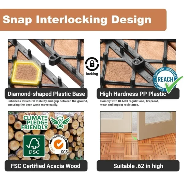 Acacia Wood Interlocking Deck Tiles - 12" x 12" Waterproof Indoor Outdoor Patio Flooring Decking Tiles, All Weather Use - Image 3