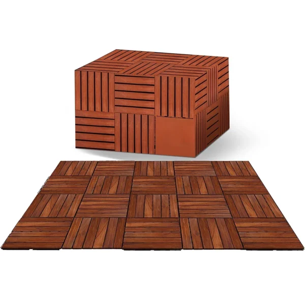 Interlocking Deck andFlooring Tiles - Teak Wood Outdoor Flooring - 12" x 12" Weather Resistant, UV Protected and Anti Pack of 10
