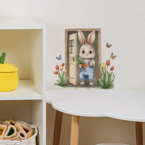 Painted Wooden Door Bunny Wall Sticker Bedroom Background Decoration Mural Cute Rabbit Kids Room Home Decor Self-adhesive Decals - Image 5