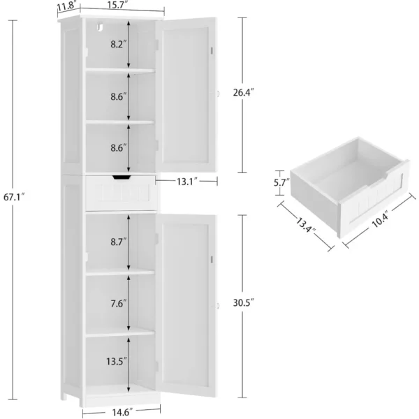 Tall Bathroom Cabinet, Storage Cabinet with 2 Doors & 1 Drawer, Freestanding Linen Cabinet with Adjustable Shelves, Floor - Image 4
