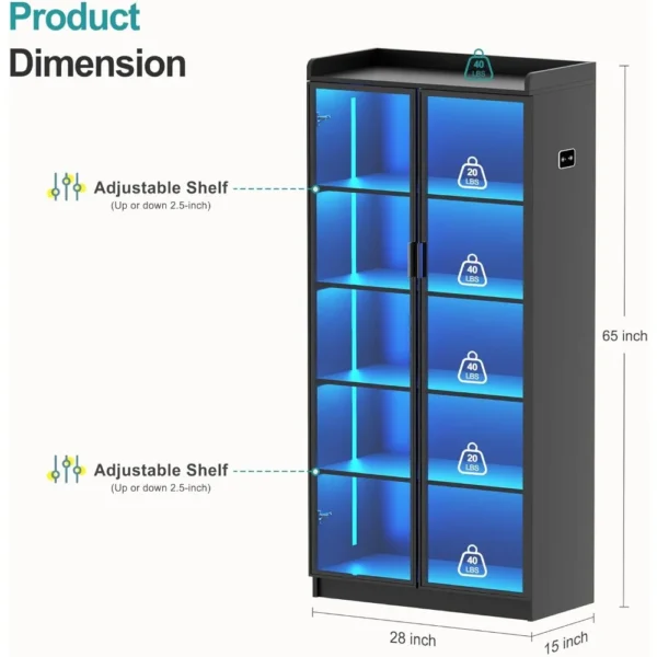 Tall Storage Cabinet up to 70", LED Living Room Curio Cabinet with Human Body Induction, 5 Tier Bookcase Display Cabinet - Image 2