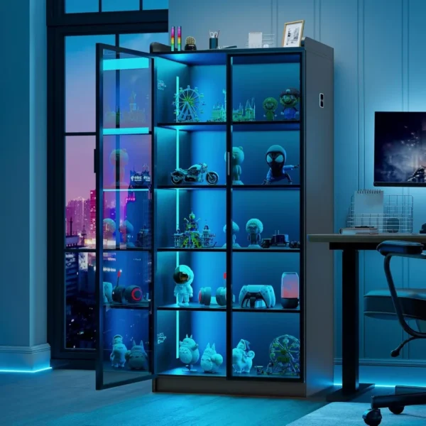 Tall Storage Cabinet up to 70", LED Living Room Curio Cabinet with Human Body Induction, 5 Tier Bookcase Display Cabinet