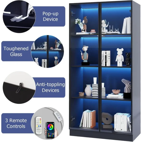 Display cabinet with LED lights, glass display cabinet with 4 shelves, curio cabinet with 2 glass doors - Image 4