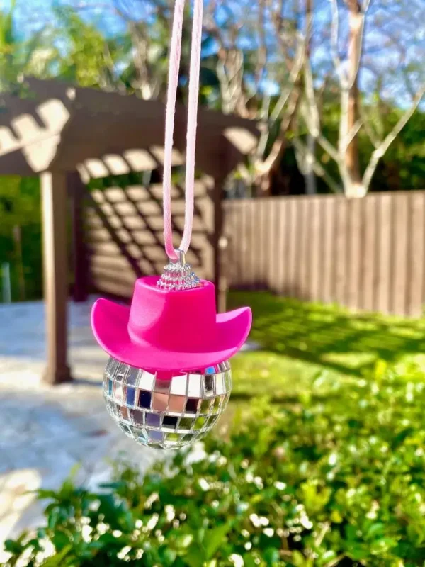 Pink Cowgirl CowBoy Hat Car Charm Rear View Mirror Hanging Disco Ball Bling Keychain Western Accessories Bag Decor Car Makeover - Image 5