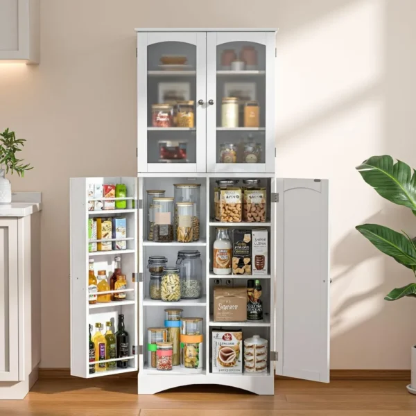 Kitchen cabinets.64" Kitchen Pantry Cabinet, Storage Cabinet with Glass Doors and Adjustable Shelves, Freestanding Floor Cabinet