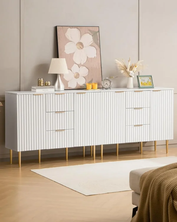 Storage Cabinet with 3 Drawers, Glossy Fluted Buffet Cabinet Sideboard with Adjustable Shelves, Credenza Accent - Image 6