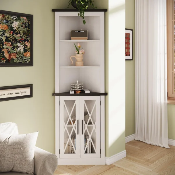 Vabches 66.8" Tall Corner Cabinet with Glass Door Storage Cabinet with Adjustable Shelves Modern Corner Cabinet for Living Room