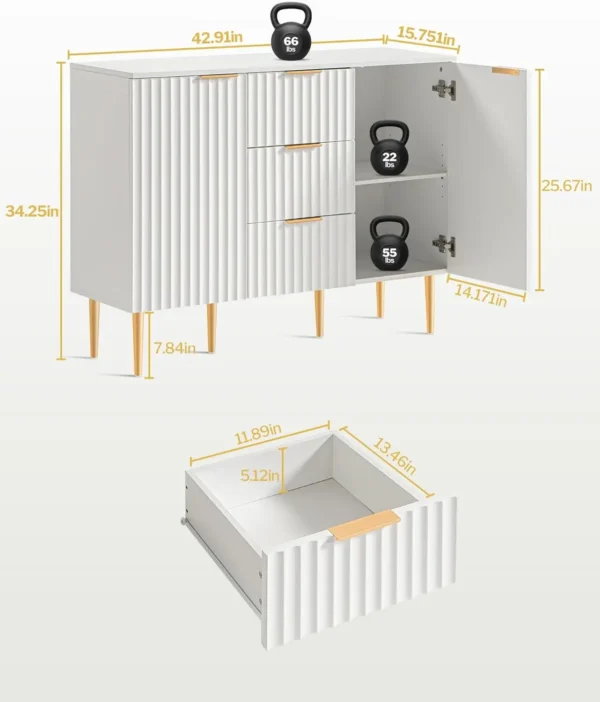 Storage Cabinet with 3 Drawers, Glossy Fluted Buffet Cabinet Sideboard with Adjustable Shelves, Credenza Accent - Image 2