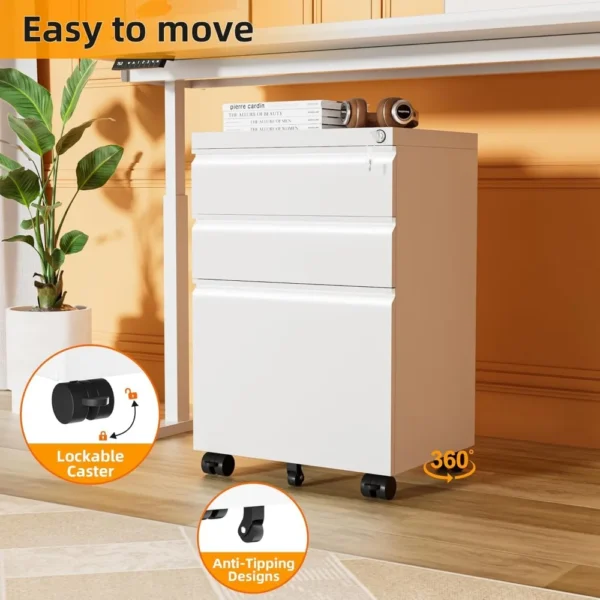 3 Drawer Filing Cabinet with Lock, White Mobile File Cabinet with Wheels, Rolling Small Metal Cabinets Under Desk - Image 5