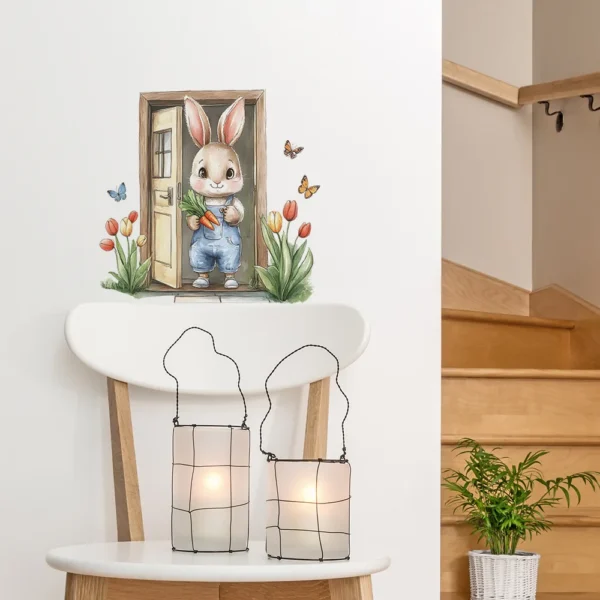 Painted Wooden Door Bunny Wall Sticker Bedroom Background Decoration Mural Cute Rabbit Kids Room Home Decor Self-adhesive Decals - Image 3