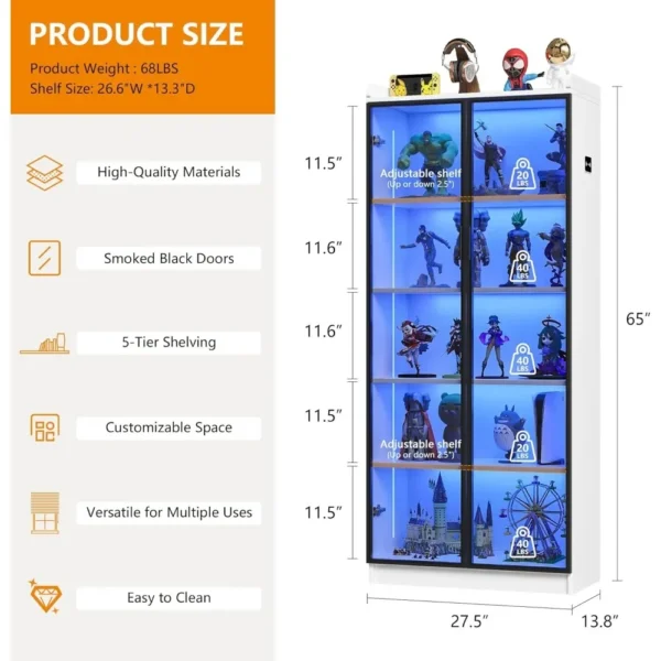 65 Inch High Display Cabinet with Doors and Adjustable Shelves, 5-layer Display Cabinet with Metal Handle/LED Light/human Sensor - Image 6