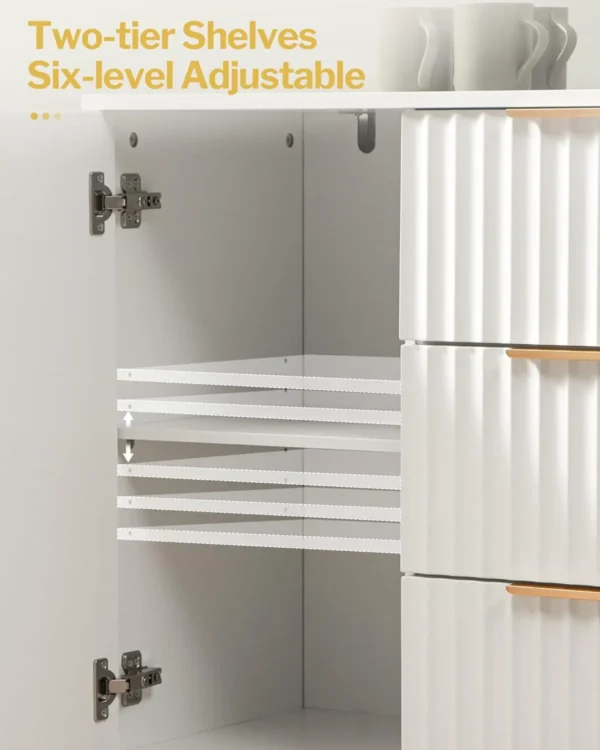 Storage Cabinet with 3 Drawers, Glossy Fluted Buffet Cabinet Sideboard with Adjustable Shelves, Credenza Accent - Image 5