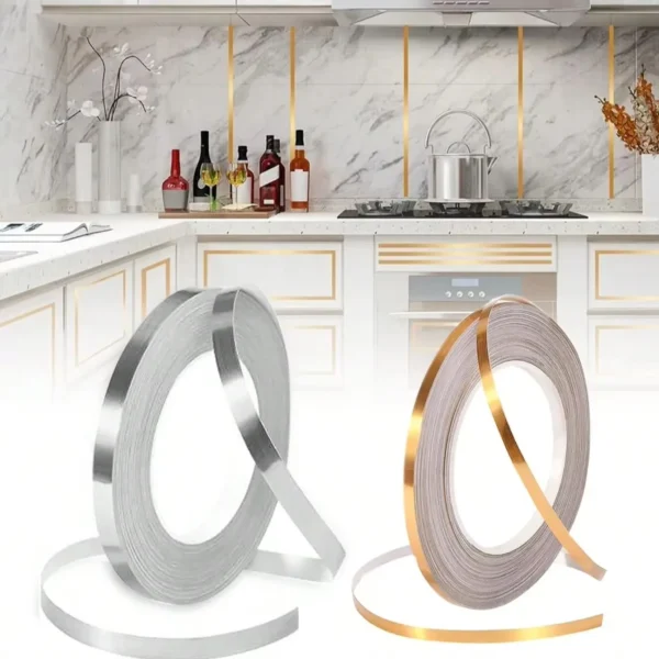 Gold Metalized Tape, Peel and Stick Decor Sticker with Shiny Mirror-Like Finish for Detailing Accent Wall, Graphic Art, Wardrobe