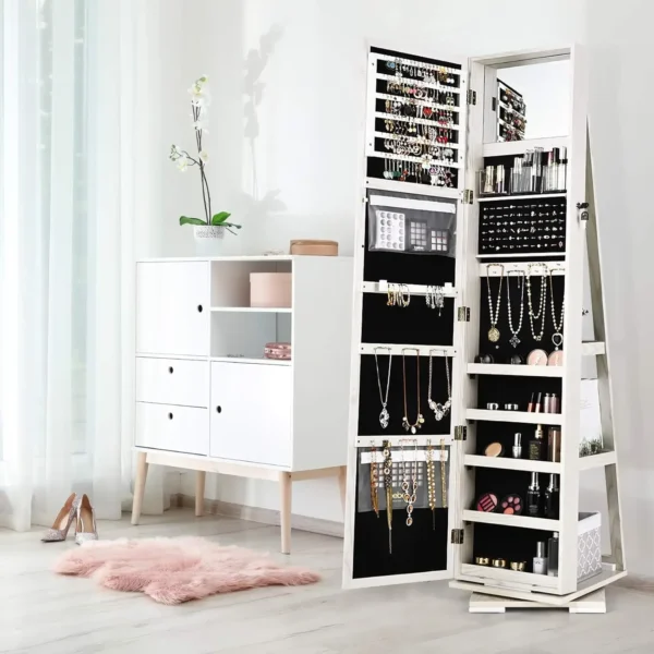 360° Swivel Jewelry Armoire with Higher Full Length Inside Makeup Mirror, Standing Lockable Cabinet Organizer, Large Capacity, B - Image 4