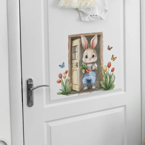 Painted Wooden Door Bunny Wall Sticker Bedroom Background Decoration Mural Cute Rabbit Kids Room Home Decor Self-adhesive Decals - Image 4