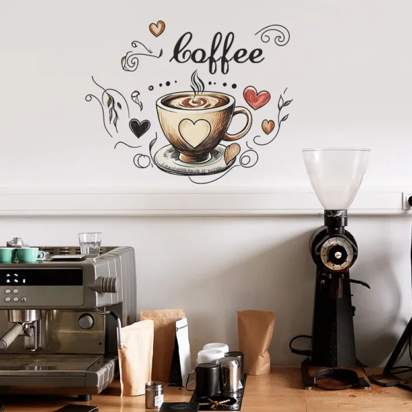 Creative Love Coffee Cup Wall Stickers For Cafe Background Decoration Wallpaper Kitchen Beautify Home Decor Self-adhesive Decals - Image 3