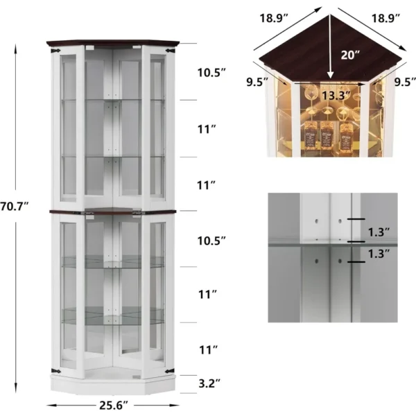 Tempered Glass Doors,6 Shelves,Floor Standing Display Cage Corner Wine Cabinet Storage Rack for Bar and Liquor Storage,White - Image 2