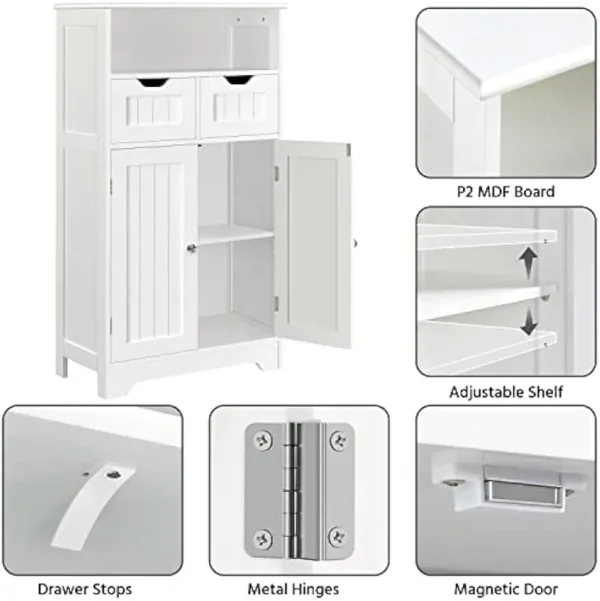 Bathroom Storage Cabinet with 2 Drawers & Adjustable Shelf, 2 Doors Bathroom Floor Cabinet, Wooden Cupboard for Living - Image 6