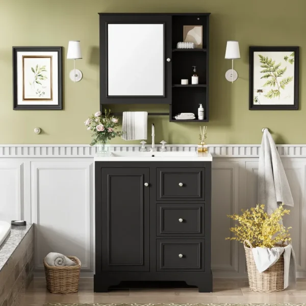 30 Inch Bathroom Vanity with Sink, Modern Elegant Bathroom Storage Cabinet with 3 Drawers and Adjustable Shelves - Image 2