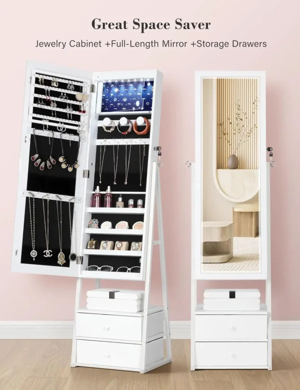 Armoire with 2 Drawers, Lockable Standing Jewelry Mirror Cabinet, Full Length Mirror with Jewelry Storage, White - Image 4