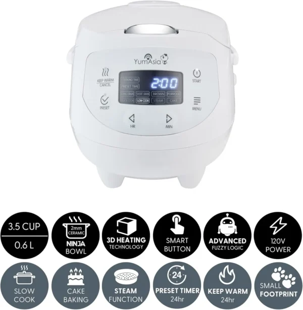 Asia Panda Mini Rice Cooker With Ninja Ceramic Bowl and Advanced Fuzzy Logic (3.5 cup, 0.63 litre) 4 Rice Cooking Functions, - Image 2