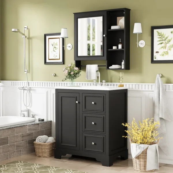 30 Inch Bathroom Vanity with Sink, Modern Elegant Bathroom Storage Cabinet with 3 Drawers and Adjustable Shelves - Image 3