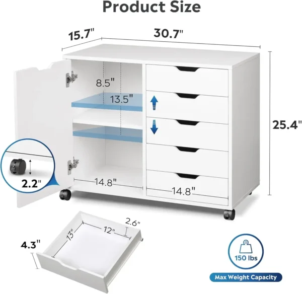 5-Drawer Wood Dresser Chest with Door, Mobile Storage Cabinet, Printer Stand for Home Office NEW USA - Image 3