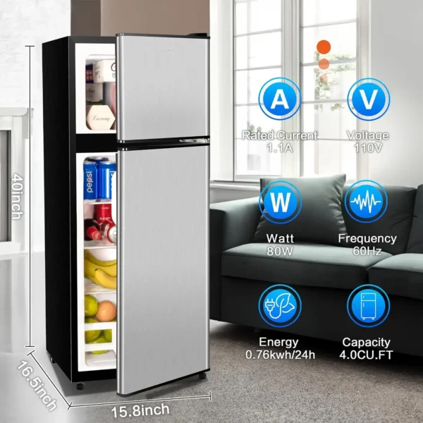 Compact Refrigerator 4.0 Cu Ft 2 Door Mini Fridge with Freezer For Apartment, Dorm, Office, Family, Basement, Garage, Silver - Image 3