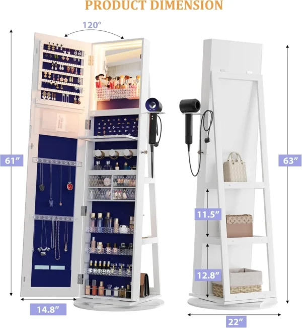 Length Mirror Jewelry Cabinet with Lights, 63" H Jewelry Armoire Storage with Mirror and Storage Shelf, White - Image 4