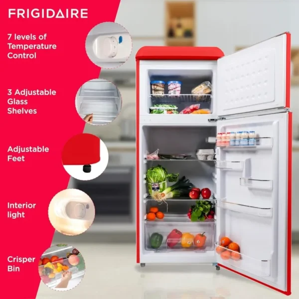 Door Apartment Size Retro Refrigerator with Top Freezer, Chrome Handles, 7.5 cu ft, red - Image 3