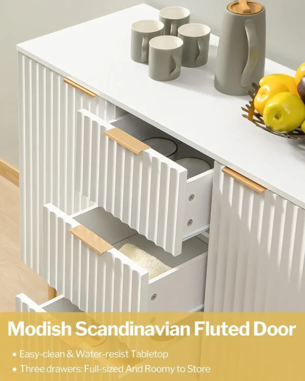 Storage Cabinet with 3 Drawers, Glossy Fluted Buffet Cabinet Sideboard with Adjustable Shelves, Credenza Accent - Image 4