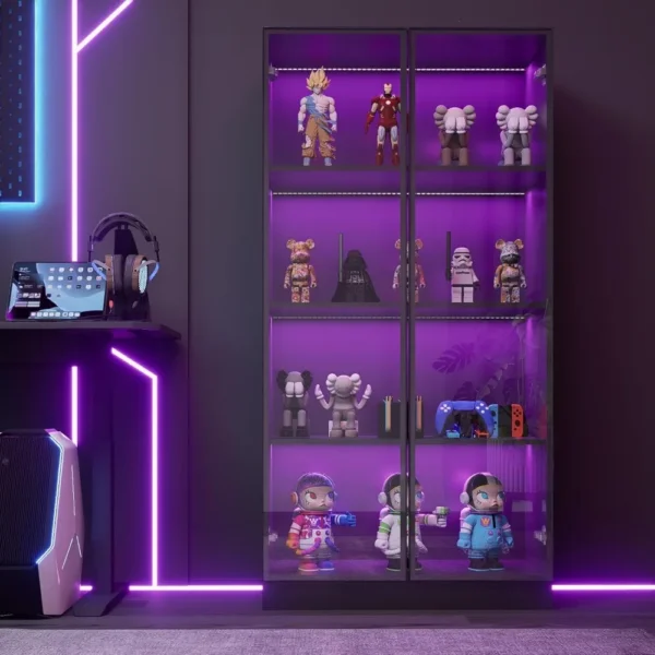 Display cabinet with LED lights, glass display cabinet with 4 shelves, curio cabinet with 2 glass doors - Image 6