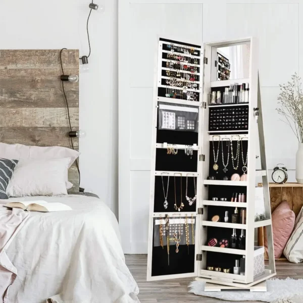 360° Swivel Jewelry Armoire with Higher Full Length Inside Makeup Mirror, Standing Lockable Cabinet Organizer, Large Capacity, B - Image 2