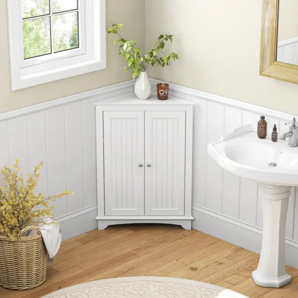 Cabinet With Two Doors and Shelves Freestanding Corner Locker Suitable for Bathroom、Kitchen、Living Room Or Bedroom,White - Image 2